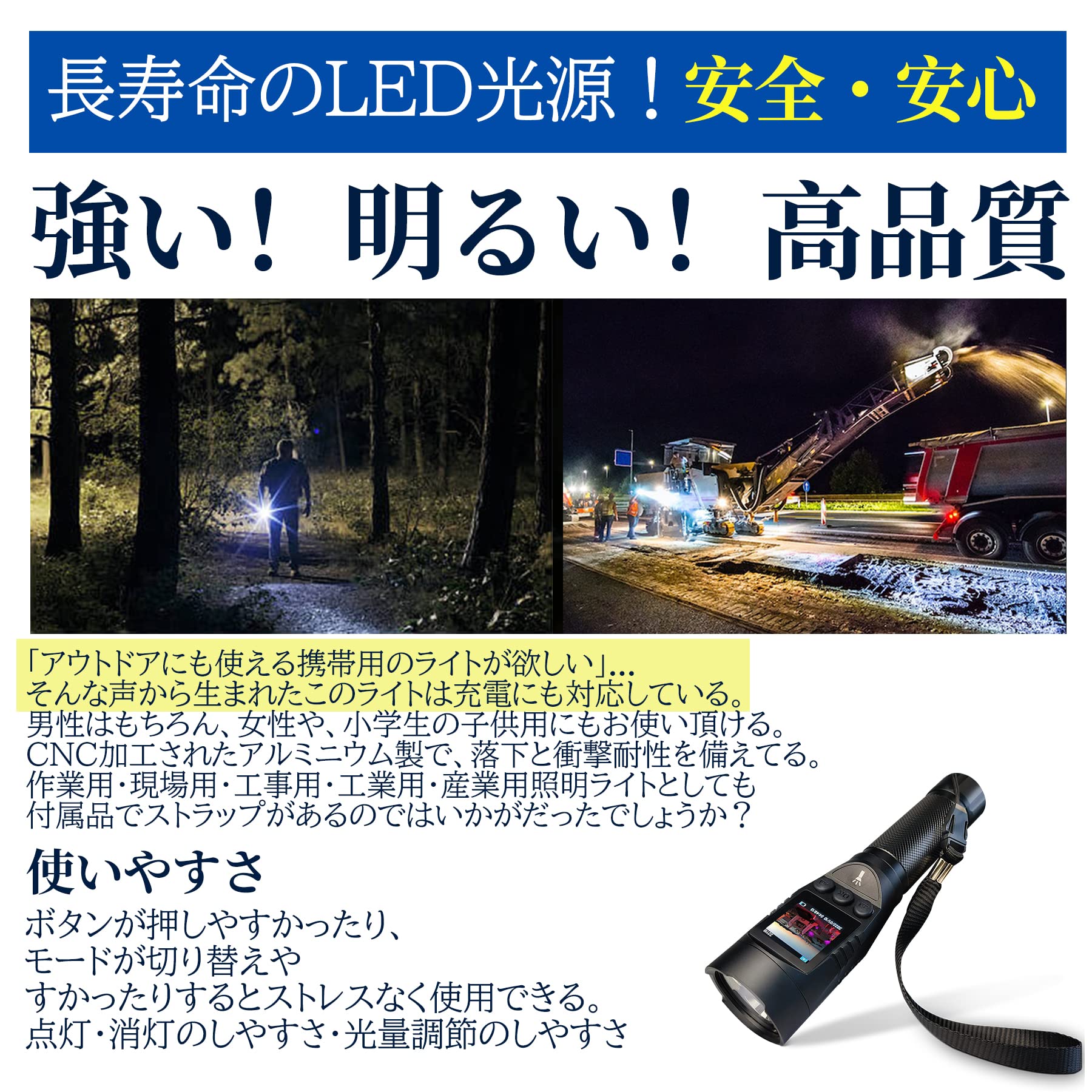 Amazon.co.jp: RIUQIMO ハンディライト led 写真、ビデオ撮影可能 懐中